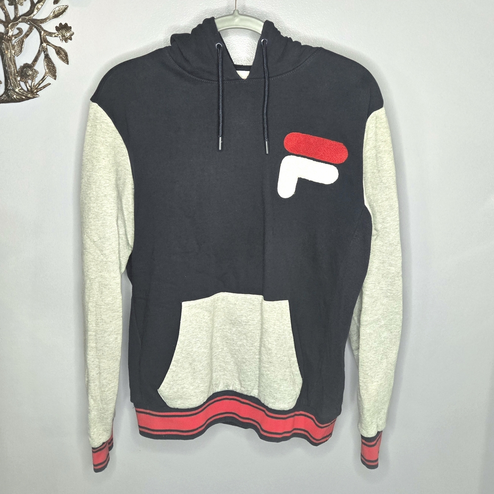 FILA Mens Medium Pullover Hoodie Navy Gray Colorblock Big Chenille Logo Fleece